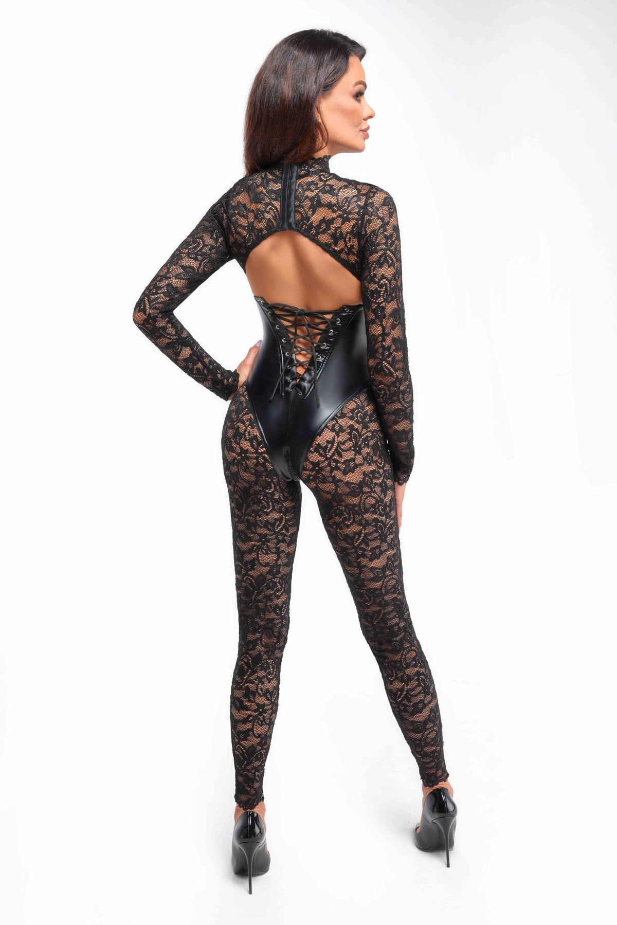 F299 Enigma lace catsuit with underbust bodice - 3XL-3