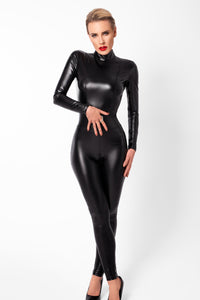 F319 Caged wetlook catsuit with zippers and ring - 3XL-2