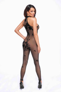 F315 Ego flocked mesh halter catsuit - 3XL-1